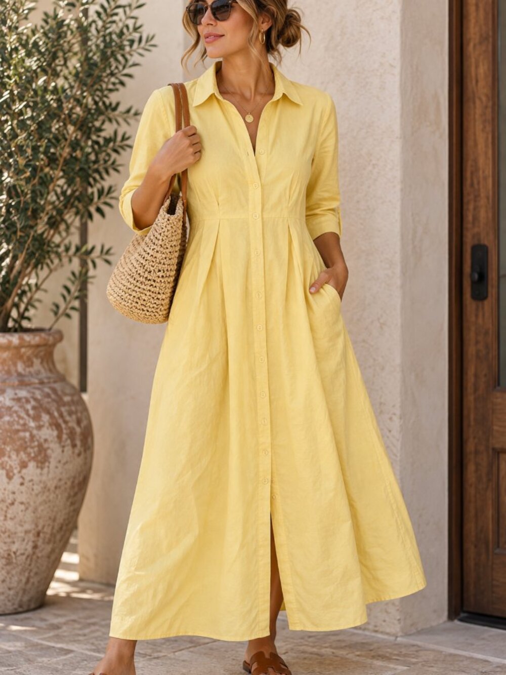 Favorite Daughter The Becky Dress Golden Yellow Linen Blend Midi Dress Size M